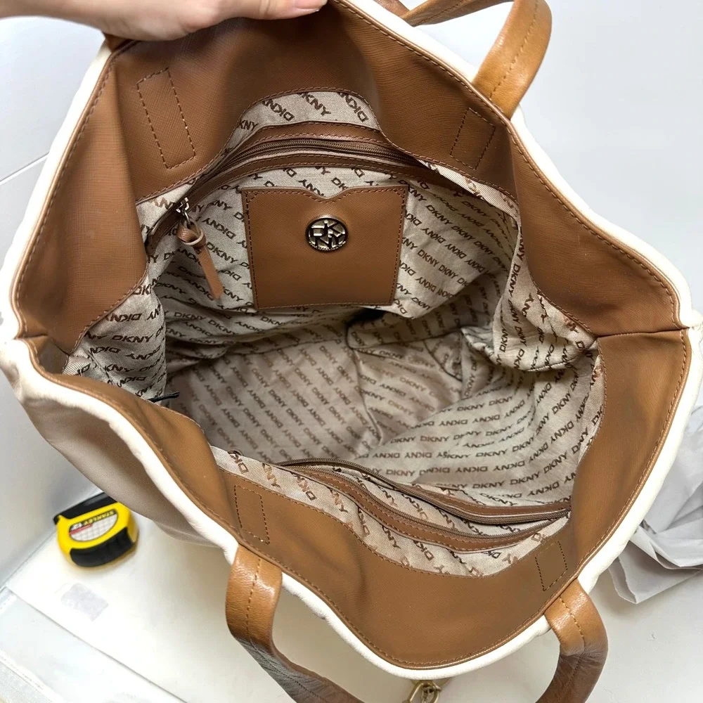 DKNY Two-Tone Leather Tote Cream Cognac‎